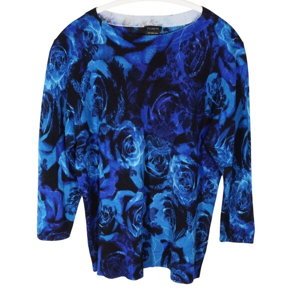 TALBOTS Cobalt Blue Rose Print Pure Merino Wool Pullover Sweater Size L Preppy - Picture 1 of 6